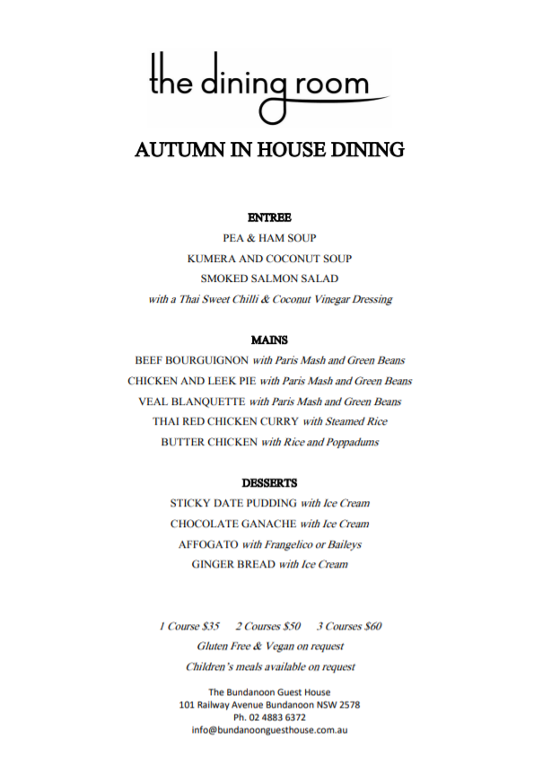 Guest house autumn dining menu